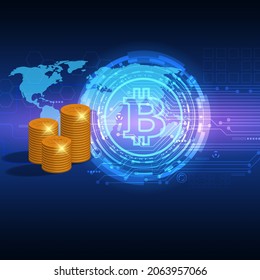 Bitcoin on circuit graphic blue background