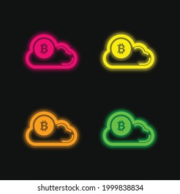 Bitcoin On Cloud four color glowing neon vector icon