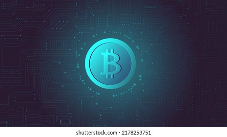 Bitcoin on digital abstract background. Digital currency concept. Vector stock illustration.
