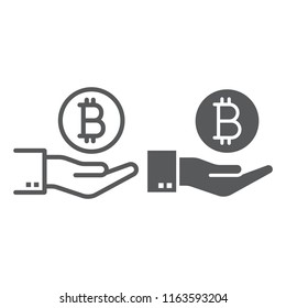 Bitcoin on hand line and glyph icon, finance and money, payment sign, vector graphics, a linear pattern on a white background, eps 10.