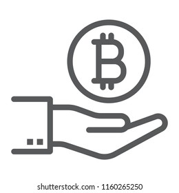 Bitcoin on hand line icon, finance and money, payment sign, vector graphics, a linear pattern on a white background, eps 10.
