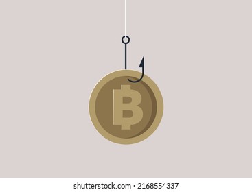 A bitcoin on a hook, a crypto currency fraud