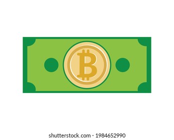 Bitcoin on money dollar paper with green and gold color. Simple and creative abstract vector illustration. Income, business, marketing, recession, bank, investor, cash, pas, economy. Simbol of rich.