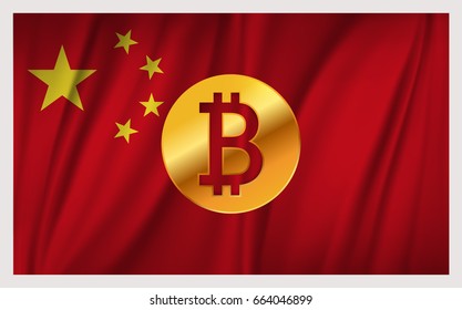 Bitcoin on the national waving flag of China country