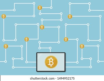 bitcoin on pad connect with other by network, vector, illustration 