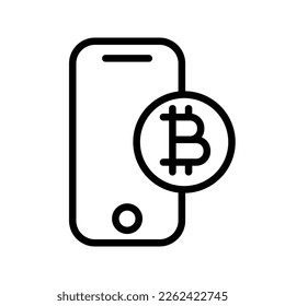 Bitcoin on the phone line icon. Money, transaction, salary, cent, cash pay, payment, income expense. Financial management concept. Vector line icon isolated on white background