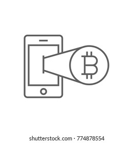 Bitcoin on phone thin line icon vector