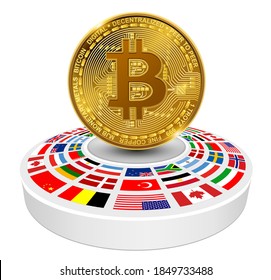 Bitcoin on the podium with national flags, 3D concept currency success icon, vector illustration.