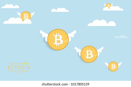 bitcoin on sky background, digital tech concept, white sphere gear, finance and communication business, created from geometric shapes. Stock vector illustration.