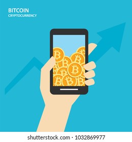 Bitcoin on smartphones with human hand. Cryptocurrency market concept.