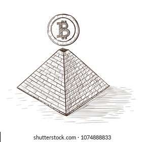 Bitcoin. Bitcoin on top of pyramid. Set of hand drawn icons isolated on white background.