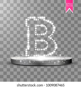 Bitcoin on the transparent background with glitters stars and sparkles on the podium. Vector.