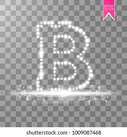 Bitcoin on the transparent background with glitters stars and sparkles on the podium. Vector.