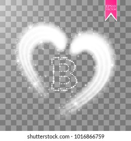 Bitcoin on the transparent background with shine heart and glitters stars and sparkles. Vector
