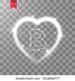 Bitcoin on the transparent background with shine heart and glitters stars and sparkles. Vector