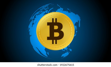 Bitcoin en el mapa del mundo y fondo azul, concepto de dinero digital, ilustración vectorial.