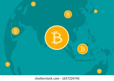 bitcoin en el mapa mundial. Tecnología de dinero digital en todo el mundo