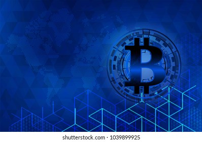 Bitcoin on World map with dotted style and glowing points star. Cryptocurrency digital payment system. Abstract blue global technology background.