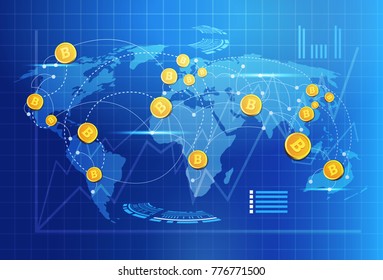 Bitcoin On World Map Money Transfer Concept Crypto Currency Digital Payment System Vector Illustration