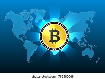 bitcoin on the world map. vector illustration