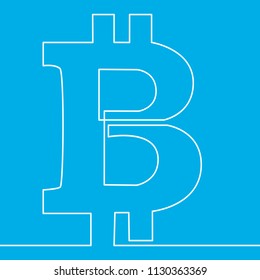 Bitcoin one line design style illustration on blue background. Crypto currency concept