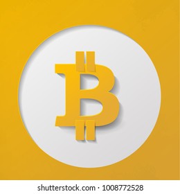 Bitcoin. Online crypto payment concept. Digital money, golden coin. Pay per click by virtual currency. Realistic paper style on gold background. Vector for business, web banners, sites design