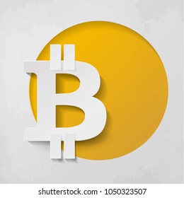 Bitcoin. Online crypto payment concept. Digital money, golden coin. Realistic paper style on gold background. Vector for business, web banners, sites design