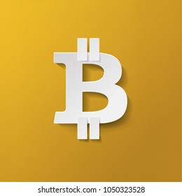 Bitcoin. Online crypto payment concept. Digital money, golden coin. Realistic paper style on gold background. Vector for business, web banners, sites design
