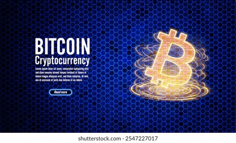 Bitcoin online payment, cryptocurrency concept . Bitcoin in the glowing portal. Crypto banner on a dark blue polygonal background. Vector illustration