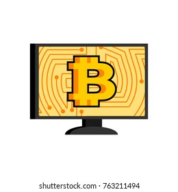 Bitcoin online in PC. Crypto currency and computer. Mining Vector illustration