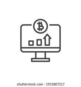 Icono de línea de estadísticas en línea de Bitcoin. signo de estilo lineal para concepto móvil y diseño web. Monitor de computadora con icono de vector de esquema de diagrama de bitcoin. Símbolo, ilustración del logotipo. Gráficos vectoriales