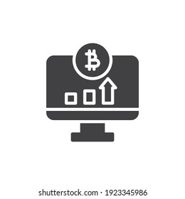 Bitcoin online statistics vector icon. filled flat sign for mobile concept and web design. Computer monitor with bitcoin diagram glyph icon. Symbol, logo illustration. Vector graphics