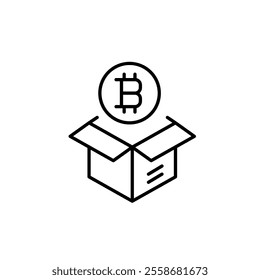 Bitcoin from open parcel box. Crypto gift, unpacking potential of investments. Pixel perfect vector icon