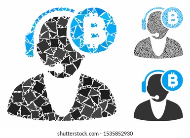 Bitcoin operator composition of joggly items in variable sizes and color tinges, based on Bitcoin operator icon. Vector joggly pieces are grouped into illustration.