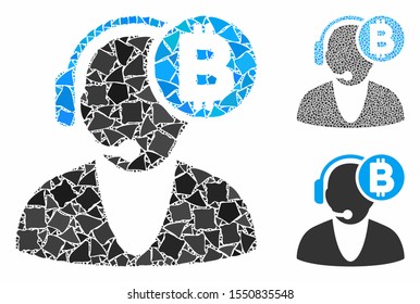 Bitcoin operator composition of tremulant items in different sizes and color tints, based on Bitcoin operator icon. Vector rugged items are grouped into collage.
