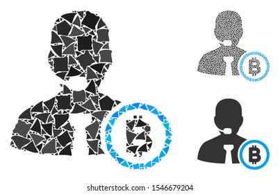 Bitcoin operator manager composition of rough elements in different sizes and color tones, based on Bitcoin operator manager icon. Vector trembly elements are combined into composition.