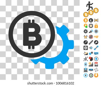 Bitcoin Options Cog icon with bonus bitcoin mining and blockchain clip art. Vector illustration style is flat iconic symbols. Designed for crypto-currency apps.