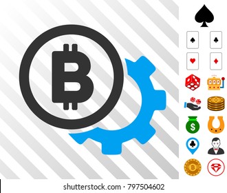 Bitcoin Options Cog icon with bonus gamble symbols. Vector illustration style is flat iconic symbols. Designed for gamble software.