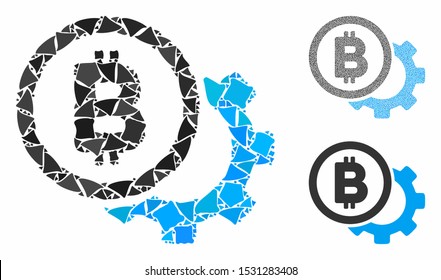 Bitcoin options cog mosaic of ragged elements in different sizes and color hues, based on Bitcoin options cog icon. Vector abrupt elements are grouped into mosaic.