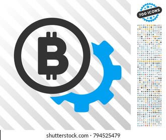 Bitcoin Options Cog pictograph with 700 bonus bitcoin mining and blockchain pictures. Vector illustration style is flat iconic symbols design for bitcoin software.