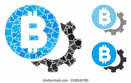 Bitcoin options gear composition of uneven pieces in different sizes and shades, based on Bitcoin options gear icon. Vector uneven pieces are united into illustration.