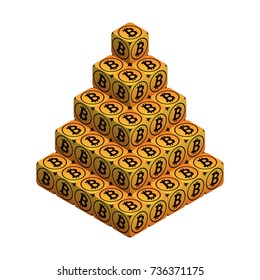 Bitcoin. Orange Large Bitcoin Pyramid. Isometric Pyramid consisting of Cubes with Black Bitcoin Sign on the Sides. Isolated Cubic Figure on White background