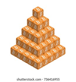 Bitcoin. Orange Large Bitcoin Pyramid. Isometric Pyramid consisting of Cubes with White Bitcoin Sign on the Sides. Isolated Cubic Figure on White background