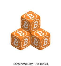 Bitcoin. Orange Small Bitcoin Pyramid. Isometric Pyramid consisting of Cubes with White Bitcoin Sign on the Sides. Isolated Cubic Figure on White background
