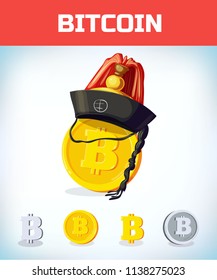 Bitcoin in orean hat. Bitcoin. Digital currency. Crypto currency. Money and finance symbol. Miner bit coin criptocurrency. Virtual money concept. Cartoon Vector illustration.