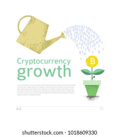 Bitcoin and other cryptocurrencies mining and growth, conceptual poster, vector illustration.