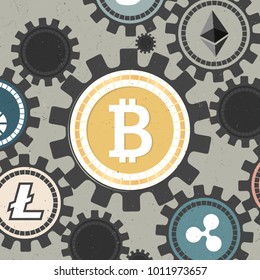 Bitcoin and other cryptocurrencies on gear wheel, Bitcoin drives other cryptocurrencies price