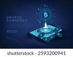 Bitcoin and other cryptocurrency on 3D mobile phone. E-wallet with bitcoins for stock market trading, payment