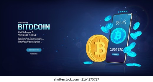 Bitcoin and other cryptocurrency on 3D mobile phone. E-wallet with bitcoins for stock market trading, payment, transaction, mining. Stock market and cryptocurrency trading platforms via smartphone.