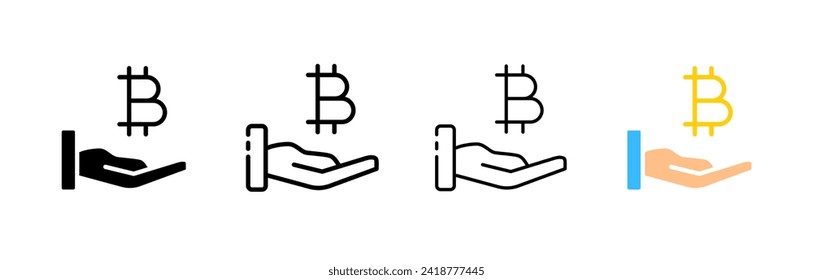 Bitcoin in palm icons. Different styles, set of BTC in the palm of the icons. Vector icons
